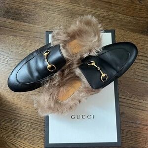 Gucci Black Leather Mules with Fur Lining